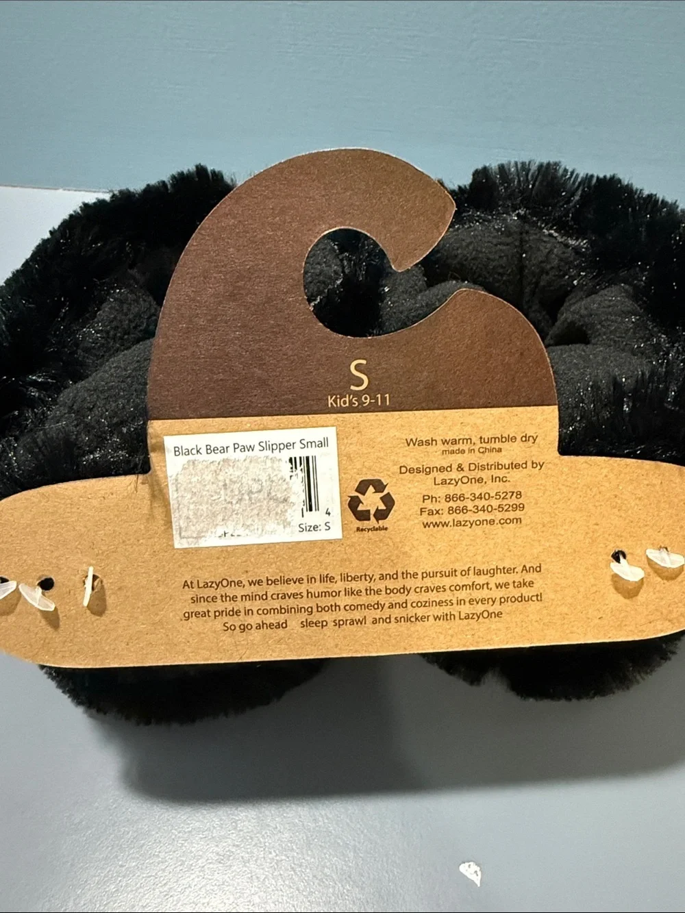 Lazy One Black Plush Bear Paw Slippers with Tan Claws